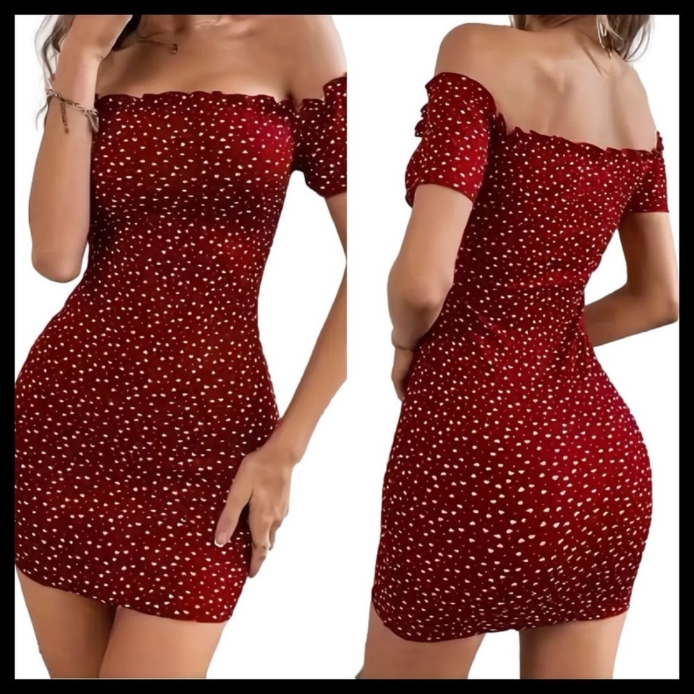BOUTIQUE Off The Shoulders Ruffle Bodycon Dress Burgundy with White Hearts